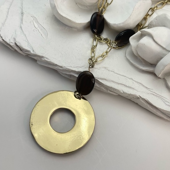 LARIAT Style Necklace 24” Gold Tone Striped Ring - Picture 4 of 8